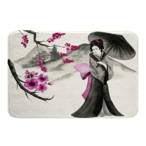 Loussiesd Kirsche Blütes Mädchen Japanisch Frauen Blumen Badteppiche Jugendliche Japanisch Ukiyoe Badezimmerteppich Badematte 50x80cm Tinte Schwarz Lila Rosa Badvorleger von Loussiesd