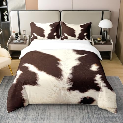 Loussiesd Kuh Pelz Bettwäsche Set 220x240cm 100% Baumwolle Kuhfell Westlich Bauernhofhouse Betten Set Für Kinder Jungen Mädchen Jugendliche Wildtiere Bauernhof Tier Haut Bettbezug Set Weiß Braun von Loussiesd