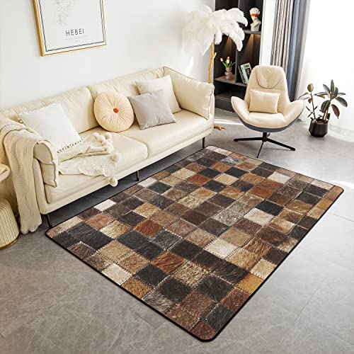 Loussiesd Kuh Pelz Gedruckt Teppich 150x200cm Western Farm Patchwork Teppiche Matte für Wohnzimmer Schlafzimmer Brown Plaid Muster Dekor Moderne Teppich Anti Rutsch Bereich Runner Teppich von Loussiesd