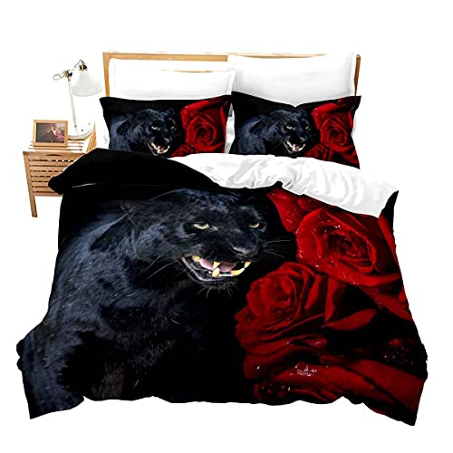 Loussiesd Leopard Bettbezug Set 3D Schwarz Panther Tier Bettwäsche Set 135x200cm Tierwelt Betten Set Prächtig Rot Rose Blumen Gepard Mikrofaser 2St von Loussiesd