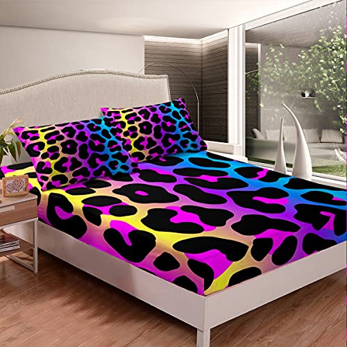 Loussiesd Leopard Bunter Leopard Gepard Spannbettlaken 90x200cmfür Kinder Gradient Blau Lila Safari Gepard Bettlaken Set Schick Wildtierdekor Spannbetttuch mit 1 Kissenbezug 2St von Loussiesd