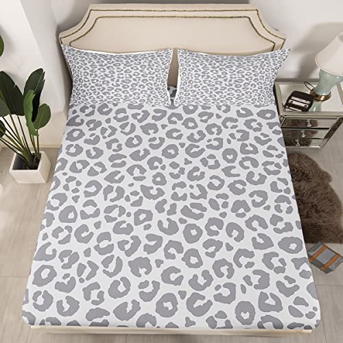 Loussiesd Leopard Drucken Bettlaken Set Silber Grau Leopard Spannbetttuch für Jungen Kinder Gepard Bedruckt Spannbettlaken 90x200cm Afrika Wild Tier Haut Thema Kein flaches Blatt Zimmer Dekor 2St von Loussiesd