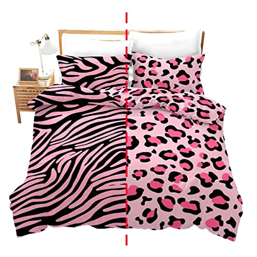 Loussiesd Leopard Drucken Bettwäsche Set 135x200cm Zebrastreifen Betten Set für Kinder Jungen Mädchen Damen Safari Tierwelt Fell Bettbezug Set Rosa Schwarz Zoo Tierhaut Textur Raumdekor von Loussiesd