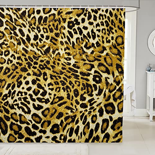 Loussiesd Leopard Drucken mit Haken Safari Gepard Drucken Duschvorhang 180x200cm für Jungen Männer Frauen Afrika Tier Duschvorhang Textil Schwarz und Gold Leopard Wasserdichter Stoff Badezimmer Dekor von Loussiesd