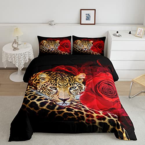 Loussiesd Leopard Steppbett für M?dchen Jungen Kinder rot Rose Bettdecke 200x200cm Dekorative Safari Gepard Drucken Winter Sommer Bettdecke Tr?Ster Wild Tier Thema Luxus 4-Jahreszeiten Bettdecke 3St von Loussiesd