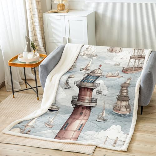 Loussiesd Leuchtturm Kuscheldecke Segelboot Lighthous Decke 75x100cm für Kinder Ozean Thema Wohndecke Meer Abenteuer Flanell Fleecedecke Raum von Loussiesd