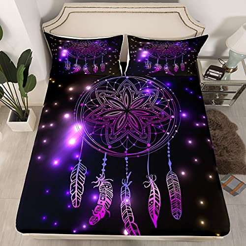 Loussiesd Lila Traumfänger Spannbettlaken 140x200cm Mädchen Frau Böhmen Feder Bettlaken Set Stammes Exotisch Mandala Traumfänger Spannbetttuch mit 1 Kissenbezug von Loussiesd