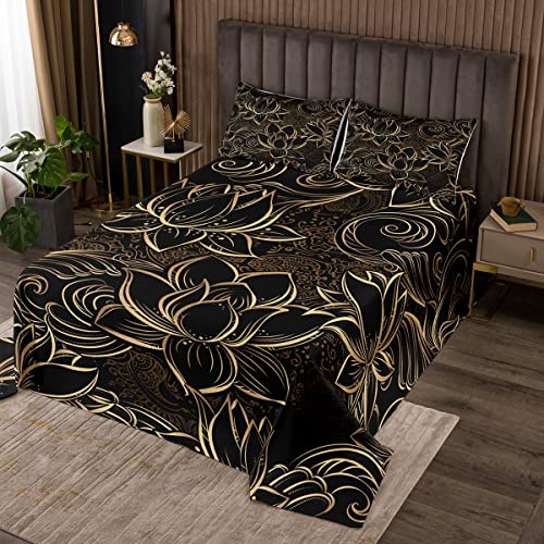 Loussiesd Luxus Schwarz Gold Bettüberwurf für Frau Schlafzimmer Senior Geschenk Blossom Blumen Steppdecke Blumen Golden Gedruckt Tagesdeck 240x260cm Wohndecke Weich Microfaser Kissenbezug Dekor 3St von Loussiesd