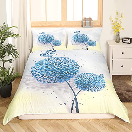 Loussiesd Mädchen Aquarell Löwenzahn Bettbezug Set für Frauen Teens Blau Löwenzahn Schmetterling Bettwäsche 135x200cm Natur Garten Bauernhaus Pflanze Blume Bettwäsche Set 100% Super weich Mikrofaser von Loussiesd