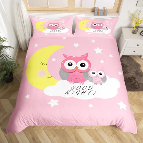 Loussiesd Mädchen Bettwäsche 135x200cm Rose Eule Bettwäsche Set für Kinder Teenager Tiere Thema Mikrofaser Betten Set Mond Sterne Wolke Drucken Bettbezug Set Süß Schön 2St von Loussiesd