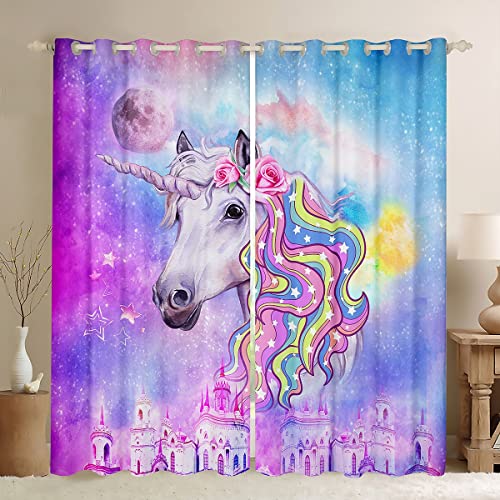 Loussiesd Mädchen Einhorn Blickdichte Vorhänge Galaxis Schloss Einhorn Dekor Vorhänge für Kinder Jungen Jugendliche Verträumt Einhorn Fenstervorhang 245x140cm Fantasie Einhorn Tier von Loussiesd