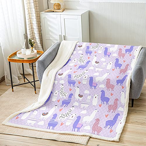 Loussiesd Mädchen Niedlich Lama Decke 130x150cm Kinder Kawaii Zimmerdeko Karikatur Lama Alpaka Kuscheldecke Schönes Boho Tier Wohndecke Zimmerdeko Leicht Lila von Loussiesd