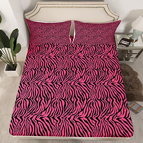 Loussiesd Mädchen Rosa Schwarz Spannbettlaken 140x200cm Zebrastreifen Spannbetttuch Safari Tier Drucken Bettlaken Set Kinderzimmer Dekor Zoo Tierfell Drucken Kein flaches Blatt mit 1 Kissenbezug von Loussiesd