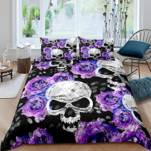 Loussiesd Mädchen Rose Totenkopf Bettbezug Set Chic Lila Blumen Blumen Bettwäsche Set 135x200cm für Kinder Damen Skelett Design Dekor Betten Set Gotische Knochen-Stil 2St Reißverschluss von Loussiesd