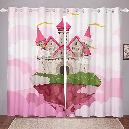 Loussiesd Mädchen Vorhänge Prinzessin Schloss Fenstervorhang 137x117cm Fantasy Karikatur Illustration Kunst Blickdichte Vorhänge Rosa Märchen Magic Kingdom von Loussiesd