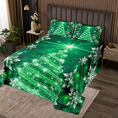 Loussiesd Mädchen Weihnachtsbaum Bettüberwurf Grün Weihnachten Thema Tagesdeck 220x240cm Wohndecke Schick Winter Schneeflocke Steppdecke für Mädchen Tochter Schlafzimmer Dekor Mädchenhaft Glitter 3St von Loussiesd