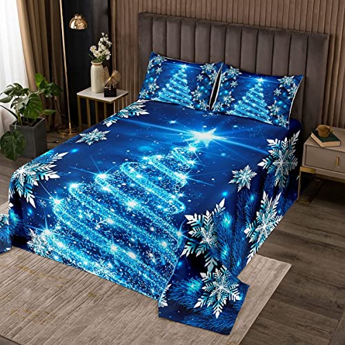 Loussiesd Mädchen Weihnachtsbaum Steppdecke Blau Weihnachten Thema Tagesdeck 240x260cm Wohndecke Schick Winter Schneeflocke Bettüberwurf für Mädchen Tochter Schlafzimmer Dekor Mädchenhaft Glitzer von Loussiesd