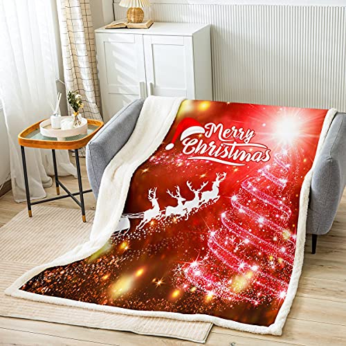 Loussiesd Mädchen Weihnachtsbaum Wohndecke für Kinder Jungen Kinder Rot Weihnachten Thema Kuscheldecke Weihnachtsmann Hirsch Decke 130x150cm Raumdeko Glitter Flanell Fleecedecke von Loussiesd