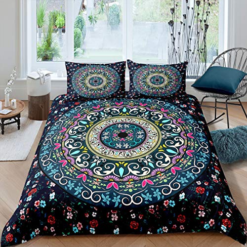 Loussiesd Mandala Bettbezug Set Böhmische Blumen Bettwäsche Set Exotisch Buntes Blumenmuster Muster Betten Set 135x200cm mit 1 Kissenbezug für Frauen Mädchen Erwachsene von Loussiesd