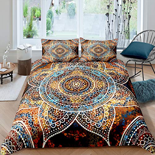 Loussiesd Mandala Drucken Bettwäsche Set 135x200cm 2 Stück Boho Bohemian Blumen Bettbezug Set Indische Exotik Betten Set mit 1 Kissenbezug Komfortable Polyester Mandala Muster von Loussiesd