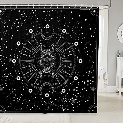 Loussiesd Mandala Duschvorhang Textil Sonne und Mond mit Haken Boho Exotisch Stil Schwarz und Weiß Duschvorhang 180x210cm Galaxis Astrologie Wasserdichtes Tuch Stoff Dekor Schick Zimmer Dekor von Loussiesd