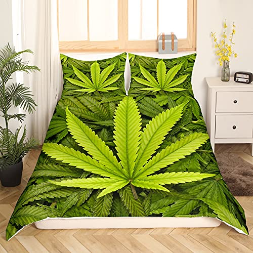 Loussiesd Marihuana Blatt Bettwäsche Set 135x200cm Cannabis Blätter Bettbezug Set für Männer Erwachsene Marihuana Unkrautblatt Betten Set Grüne Natur Dekor Bettwäsche 2St von Loussiesd