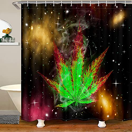 Loussiesd Marihuana Blatt Wasserdicht Duschvorhang 180x200cm Galaxis Cannabis Blätter Haken für Kinder Jungen Mädchen Marihuana Gras Hanf Stoff Duschvorhang Textil Botanisch Duschvorhang Grün von Loussiesd