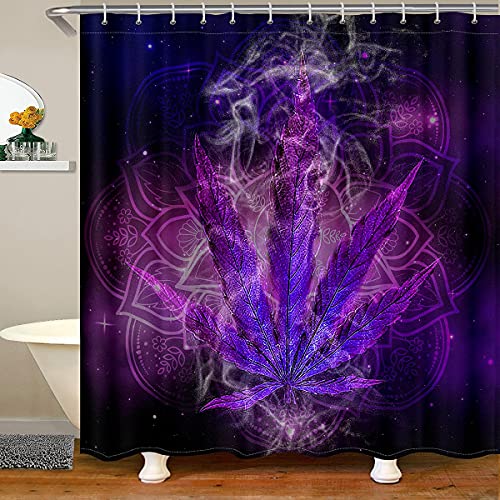 Loussiesd Marihuana Blatt Wasserdicht Duschvorhang 180x200cm Galaxis Cannabis Blätter Haken für Kinder Jungen Mädchen Marihuana Gras Hanf Stoff Duschvorhang Textil Botanisch Duschvorhang Lila von Loussiesd