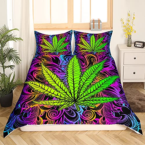 Loussiesd Marihuana Weed Leaf Bettbezug Set, Cannabis Betten Sets Bettwäsche Set 135x200cm Mit Pillow Shams Cannabis Vibrant Grün Bunt Bedruckte Bettwäsche Bettbezug Set Soft Room Decor 2St von Loussiesd