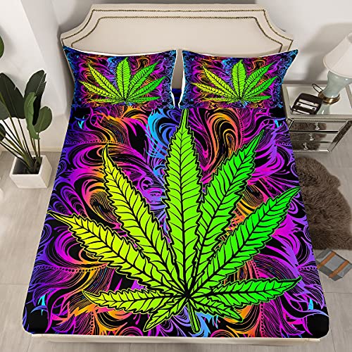 Loussiesd Marihuana Weed Leaf Bettlaken Set, Cannabis Spannbetttuchs Spannbettlaken 140x200cm Mit Pillow Shams Cannabis Vibrant Green Bunt Bedruckte Bettlaken Set Soft Room Decor 2 STK von Loussiesd