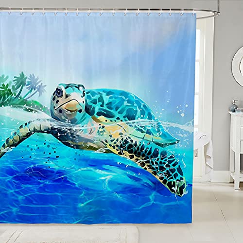 Loussiesd Meer Schildkröte Duschvorhang Textil Kinder Hawaiian Ozean Schildkröte Duschvorhang 180x200cm Jungen Mädchen Blaugrün Blau Marine Reptil Dekor Schildkröte Tuch Stoff Vorhänge Badewannen von Loussiesd