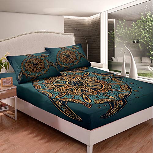 Loussiesd Meeresschildkröte Bettlaken Set Boho Mandala Gedruckt Spannbetttuch 140x200cm Für Kinder Kleinkind Teenager Böhmisches Reptil Spannbettlaken Ozean Marine Bettdecke Schlafzimmer Dekor 3St von Loussiesd