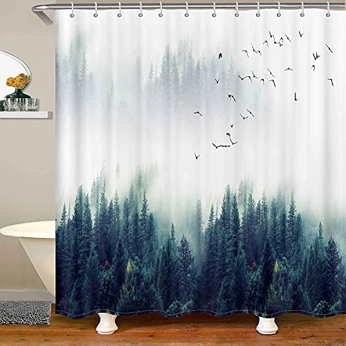 Loussiesd Misty Wald Duschvorhang Kinder Jugendliche Oggy Kiefer Berg Wald Duschvorhang Textil mit 12 Haken Badezimmer Dekor Bauernhaus Grün Badvorhang 180x180cm für Badewannen von Loussiesd