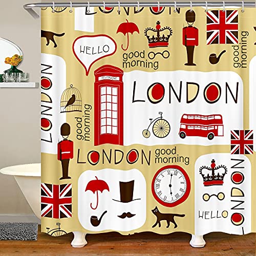 Loussiesd Modern Stadtbild mit Haken London Duschvorhang 180x210cm Retro Telefonzelle Duschvorhang Textil für Kinder Jahrgang British Alte Zeitung Wasserdichter Stoff Badezimmer Dekor von Loussiesd