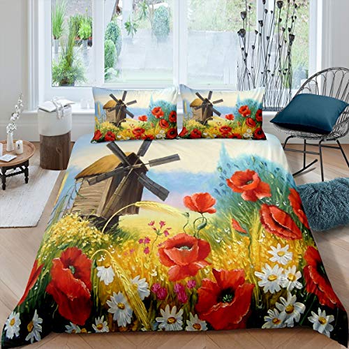 Loussiesd Mohnblume Bettbezug Set Rot Blumen Pinted Betten Set Windmühle Muster Bettwäsche Set 135x200cm Für Kinder Erwachsene Niederlande Bauernhaus Stil Dekor 2St von Loussiesd