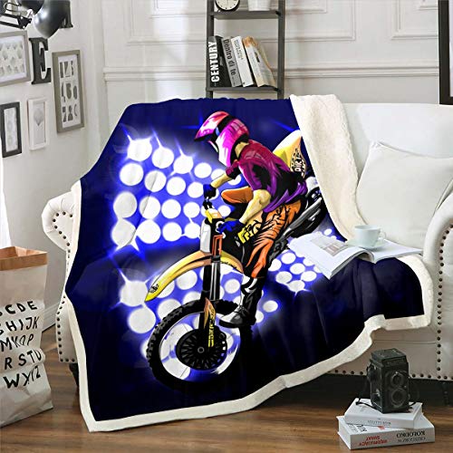 Loussiesd Motocross-Fahrer gedruckt Wohndecke Jungen Motorrad Muster Kuscheldecke Extremsport Thema Flanell Fleecedecke 150x200cm Modern Dirt Bike von Loussiesd