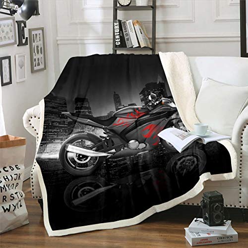 Loussiesd Motorradmuster Kuscheldecke 130x150cm Cool Schwarz Rot Motorrad Wohndecke Jungen Extremsport Thema Flanell Fleecedecke Modernes Stadtgebäude Motocross von Loussiesd