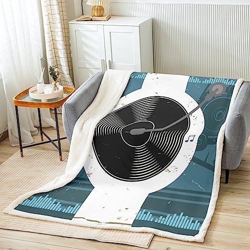 Loussiesd Musik Disc Kuscheldecke Musikal Wohndecke für Kinder Erwachsene Vintage Decke 150x200cm Bunt Flanell Fleecedecke Musik Disk Blau Schwarz Zimmer Dekor für Couch von Loussiesd