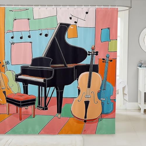 Loussiesd Musik Duschvorhang 180x200cm Musikinstrument Duschvorhang Textil Violine Klavier Musik Thema Duschvorhang Textil Aquarell Abstrakte Kunst Badezimmer Dekor Duschvorhang Textil Bunt von Loussiesd