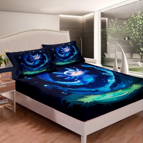 Loussiesd Nette Axolotl Spannbettlaken 90x200cm für Mädchen Jungen Kinder Cartoon Salamander Bettlaken Set Raum Dekorative Meerlife Spannbetttuch Reptile Tier 2Stück von Loussiesd