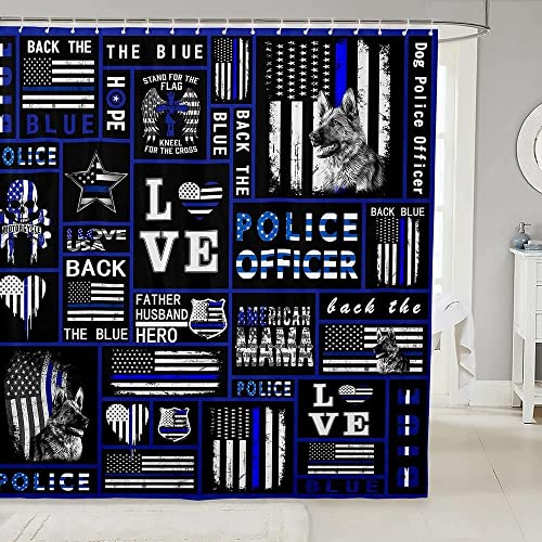 Loussiesd Nette Hund Stoff Duschvorhänge Polizei Hund Duschvorhang für Kinder Jungen Mädchen Badezimmer wasserdichte Accessoires mit 12 Haken Blau Schwarz Check Plaid Duschvorhang 180x200cm von Loussiesd