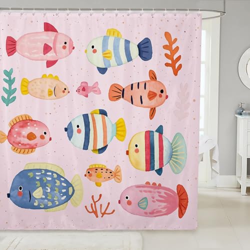 Loussiesd Netter Fisch Duschvorhang 180x180cm für Kinder Mädchen Jungs Karikatur Ozean Meer Duschvorhang Textil Aquarell Fischen Duschvorhang Zimmer Dekorationen Duschvorhang Textil Sammlung von Loussiesd