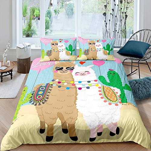 Loussiesd Nettes Lama Betten Set Karikatur Lama Alpaka Design Bettwäsche Set 155x220cm für Jungen Mädchen Kinder Kaktus Gedrucktes Bettbezug Set Boho Exotisch Zimmer Dekor 2St von Loussiesd