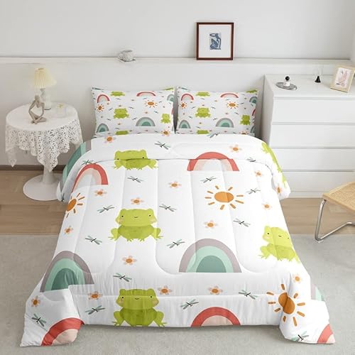 Loussiesd Niedlich Frosch mit Regenbogen Steppbett Lieblich Cartoon Regenbogen Bettdecke 155x220cm Tropisch Amphibian 4-Jahreszeiten Bettdecke für Kinder Jungs Bunt Streifen Steppdecke Dekor von Loussiesd