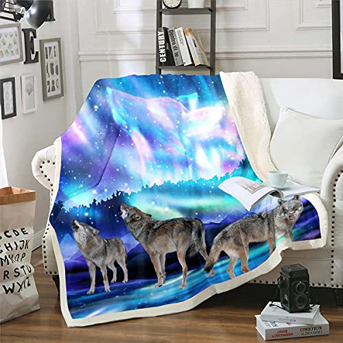 Loussiesd Nordlicht Decke 150x200cm Flanell Fleecedecke Galaxis Heulen Wolf Wohndecke Wild Wolf Kuscheldecke Für Kinder Jungen Mädchen Sternenhimmel Aurora Weich Raumdekoration von Loussiesd