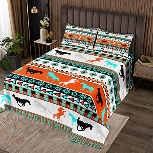 Loussiesd Orange Aztec Tagesdecke 170x210cm Western Boho Pferd Steppdecke für Kinder Jungen Mädchen Ethnisch Tribe Arrow Aztec Bettüberwurf Böhmisch Wohndecke Western Zimmer Dekor Doppelbett Gesteppt von Loussiesd