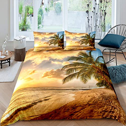 Loussiesd Ozean Bettbezug Set Hawaii Strand Thema Bettwäsche Set 135x200cm für Jungen Erwachsene Meer Sonnenuntergang Palme Natur Betten Set Sommerurlaub Schlafzimmer 2St von Loussiesd