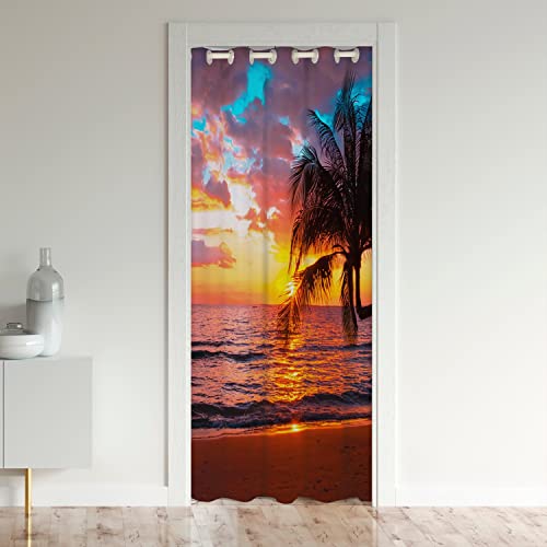 Loussiesd Ozean Strand Vorhang und Türvorhang 106x203cm Hawaiian Strand Palme Isolierter Wärmevorhang für Dekor Tropical Sea Sunset Vorhang Schrank Vorhang für Innentür Raumteiler von Loussiesd