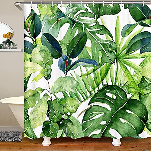 Loussiesd Palmblatt Duschvorhang mit 12 Duschvorhangringen Grüne PalmblätterWasserdicht Duschvorhang Textil 180x210cm Waschbar Polyester Natur Botanik Drucken Badewanne Badvorhang für Eck Dusche von Loussiesd