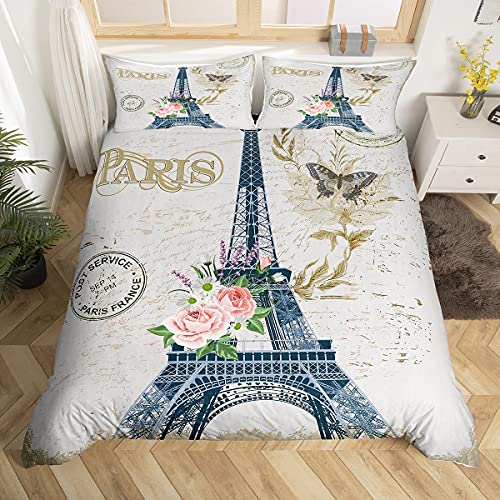 Loussiesd Paris Bettbezug Set Eiffelturm Bettwäsche Set 200x200cm für Kinder Jungen Mädchen Jugendliche Dekor Paris Stadtbild Betten Set Alte Mode 3St Reißverschluss von Loussiesd